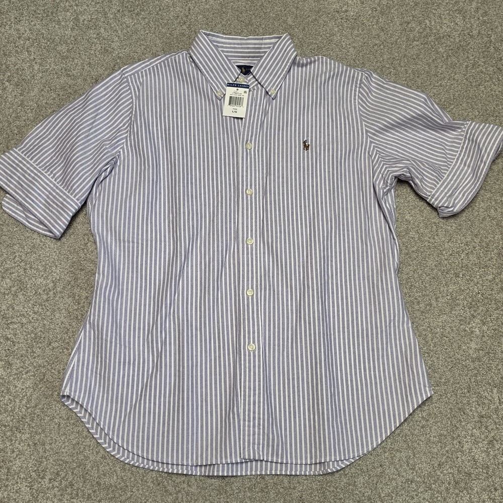 Ralph Lauren Women's Oxford Shirt L Purple White Stripe Pony Button Down NWT